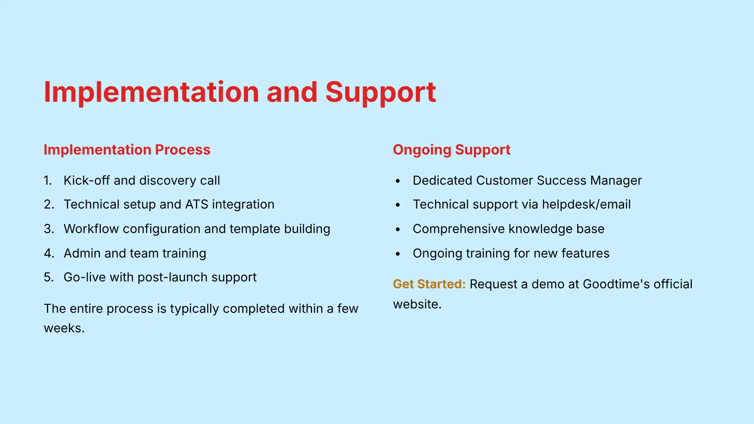 Implementation and support process showing onboarding workflow and training stages