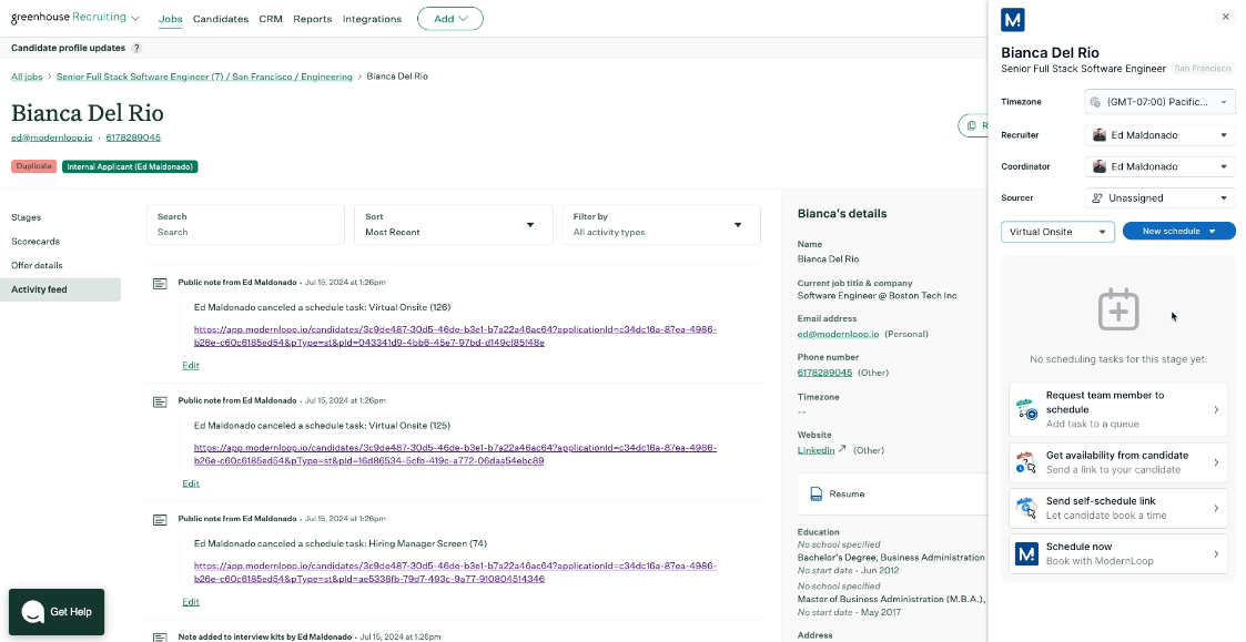 ModernLoop interface showing candidate portal and zero-click automation features