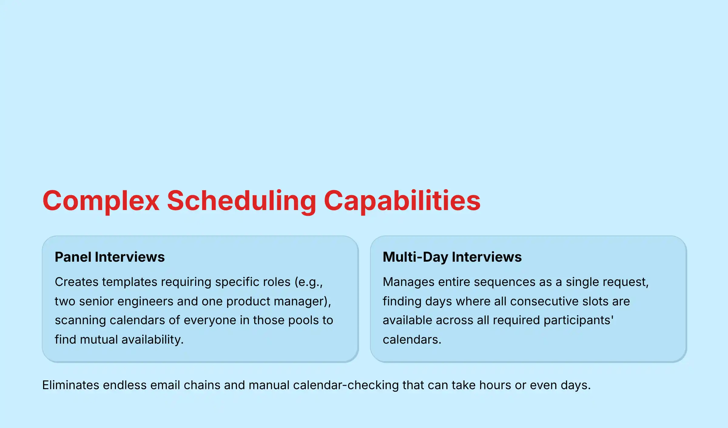 Complex scheduling capabilities including panel interviews and multi-day coordination