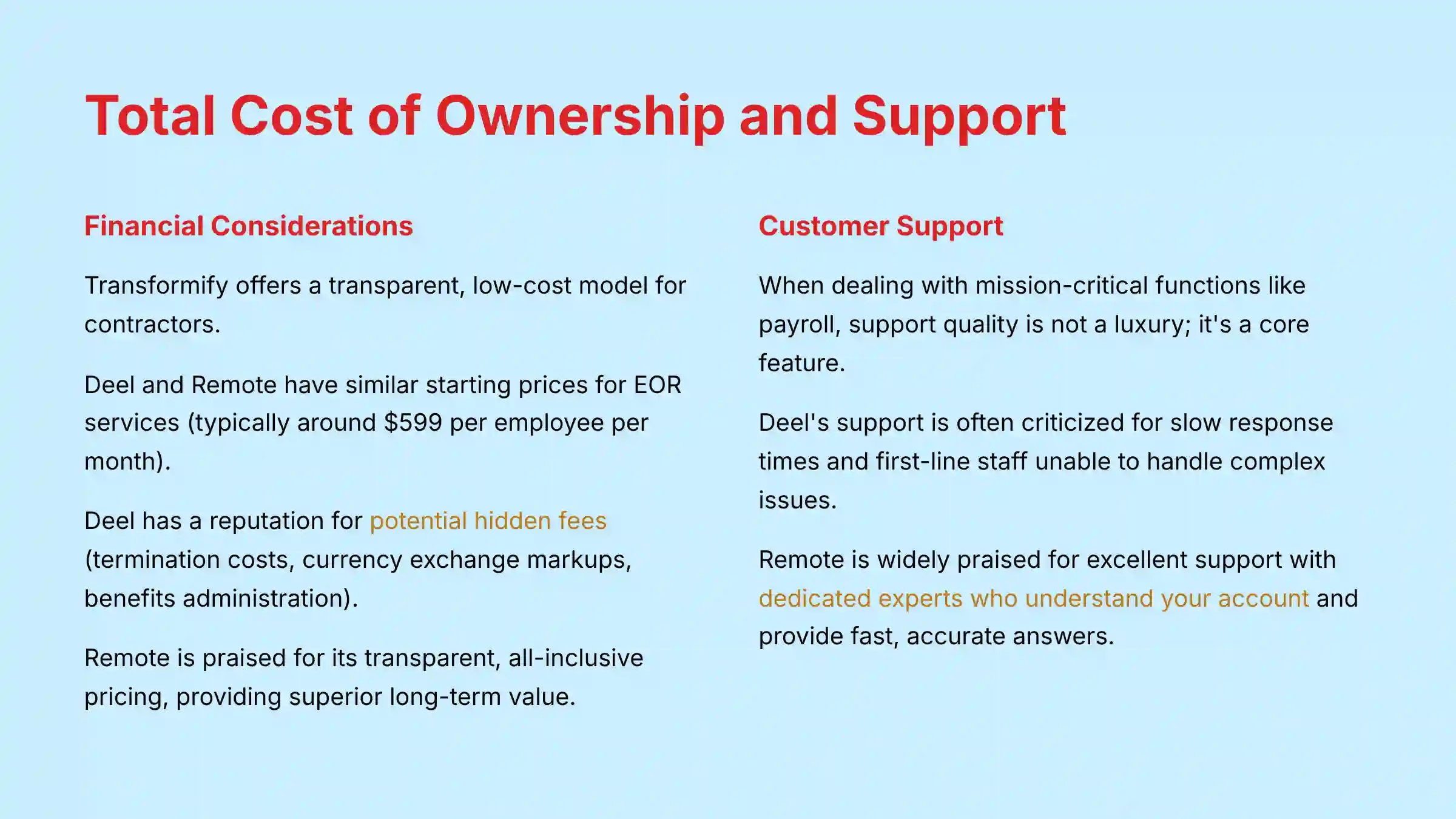 Total cost of ownership and support comparison