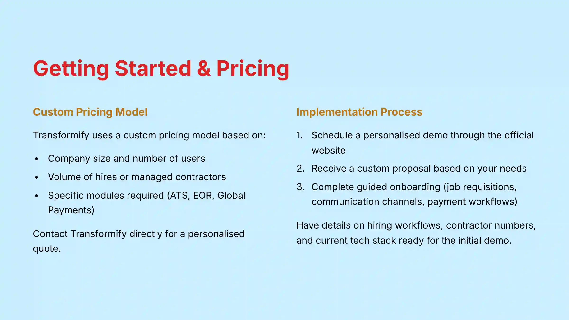Getting Started and Pricing - Custom pricing model and demo scheduling process