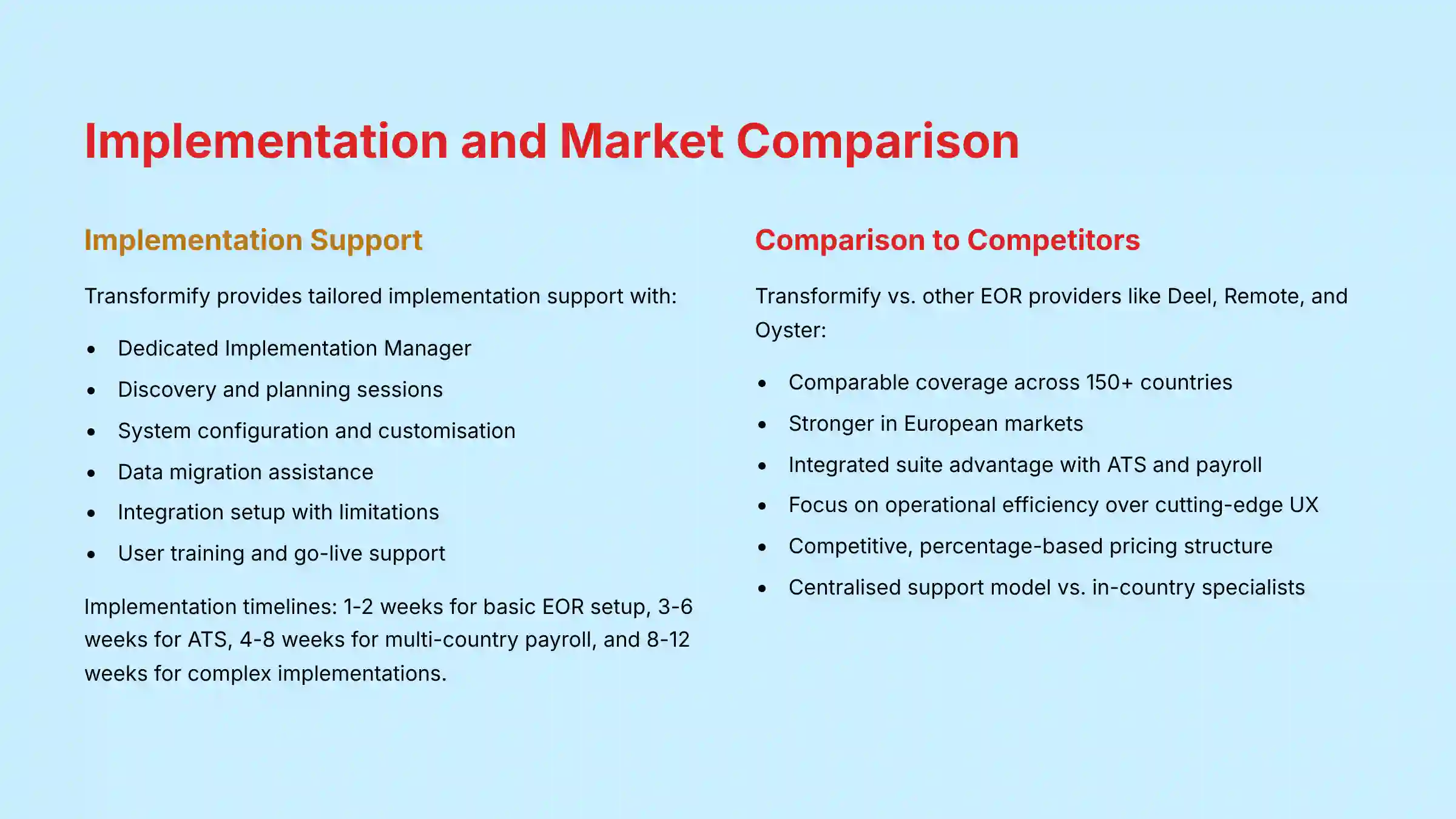 Implementation and Market Comparison