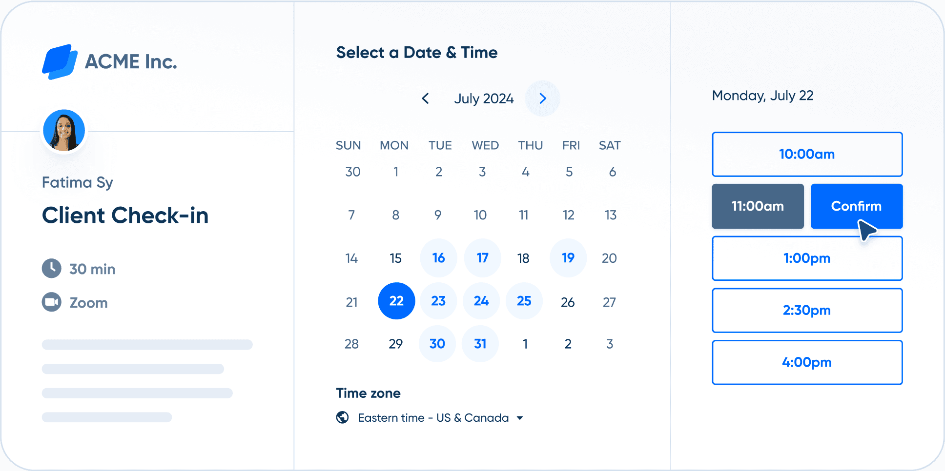 Calendly booking page interface showing basic scheduling functionality