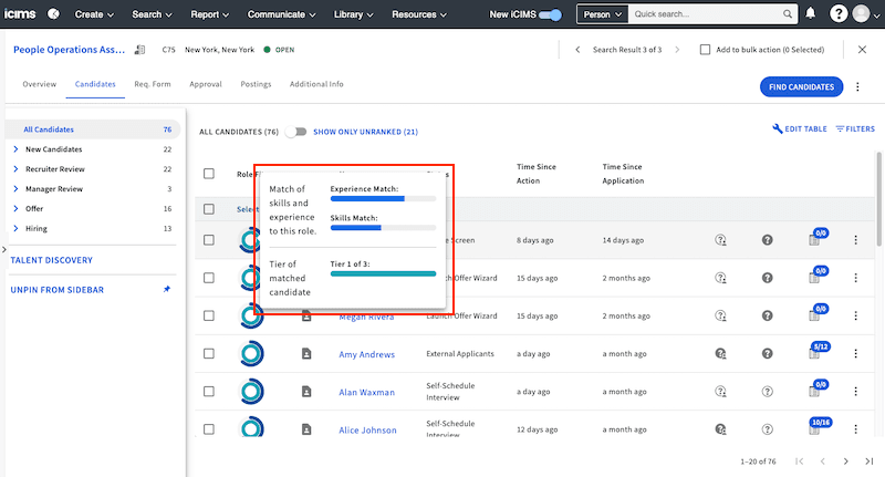 iCIMS ATS candidate scoring AI feature interface