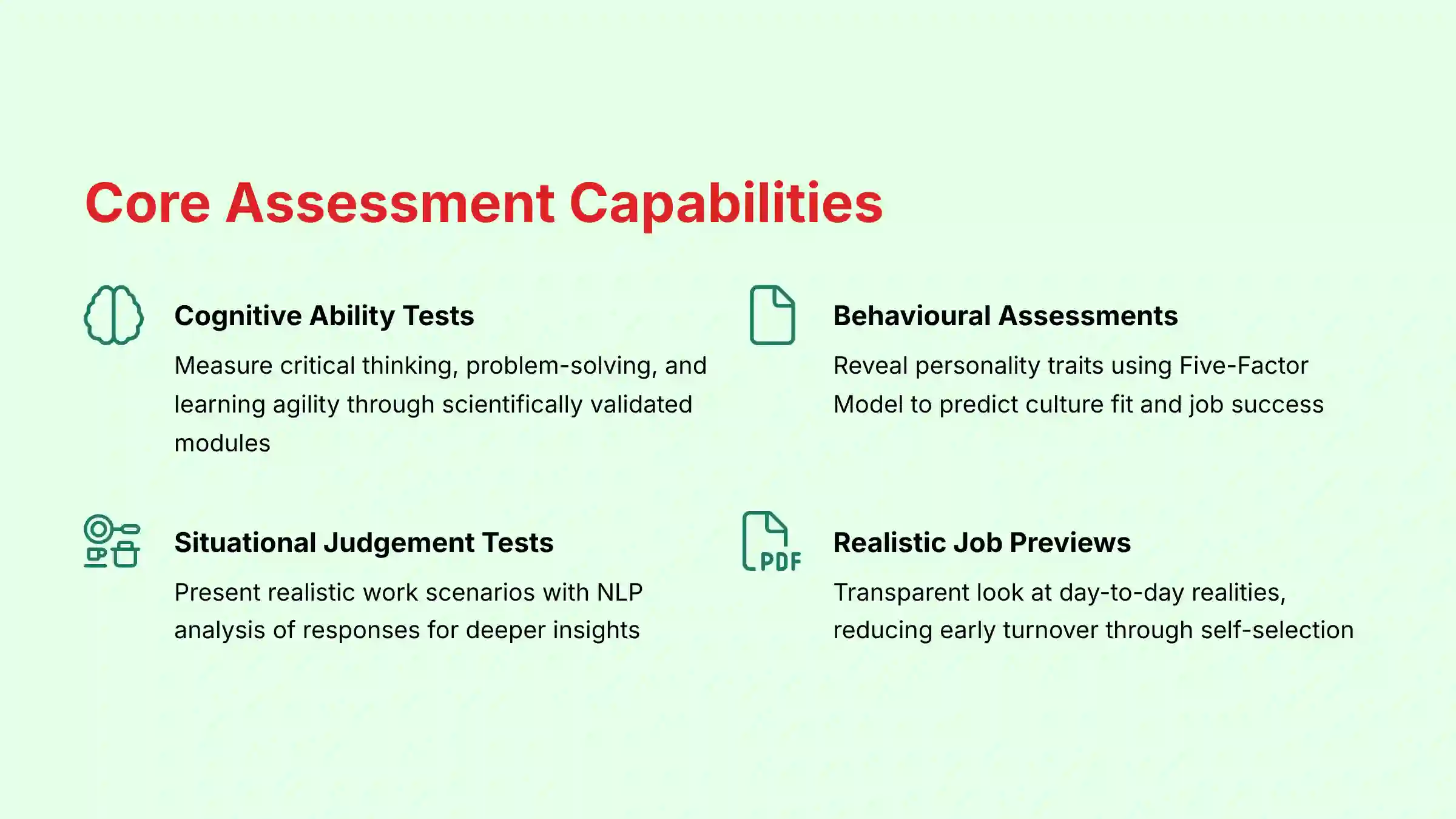 Core Assessment Capabilities - Harver's comprehensive testing modules