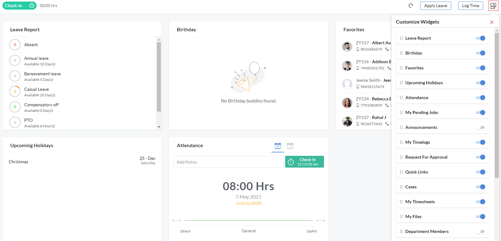 Zoho People Dashboard Customization Interface