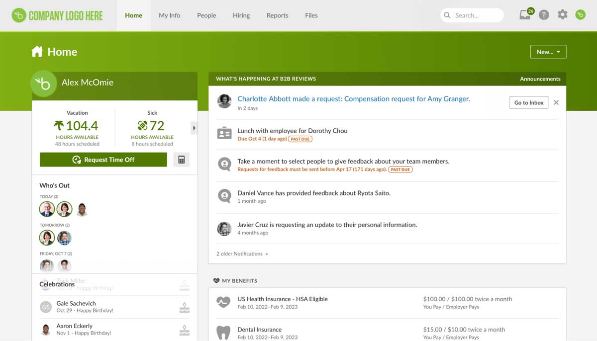 BambooHR dashboard interface showing employee management features