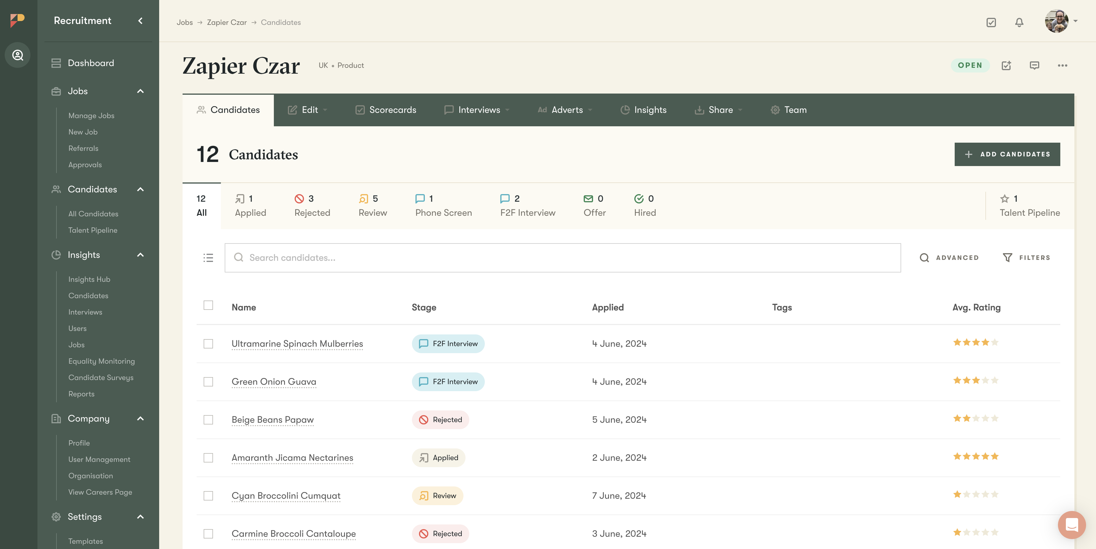 Applicant tracking system interface showing candidate pipeline management
